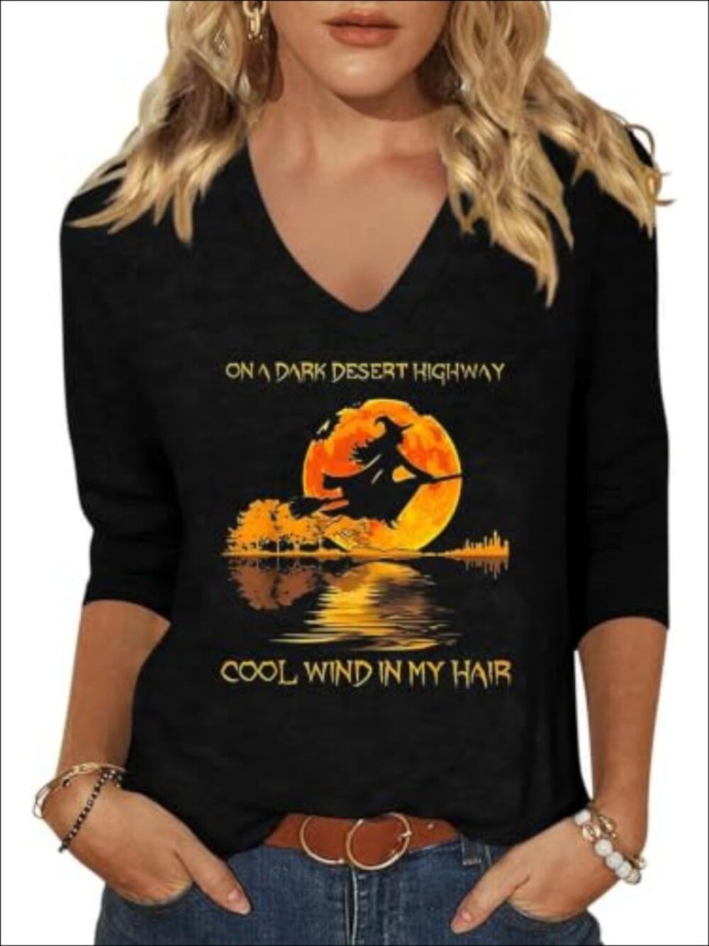 Halloween Ghost Reading Book Shirt 3/4 Sleeve V Neck Women's Graphic Tee